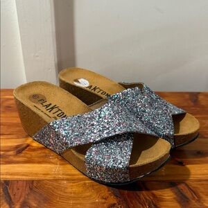 Plakton Bios Sparkle Glitter Wedge Sandals Made in Spain 37